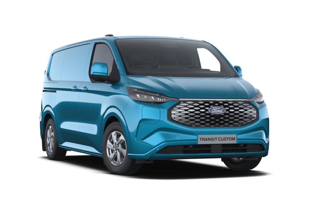 Blauer E-Transit Custom statisch