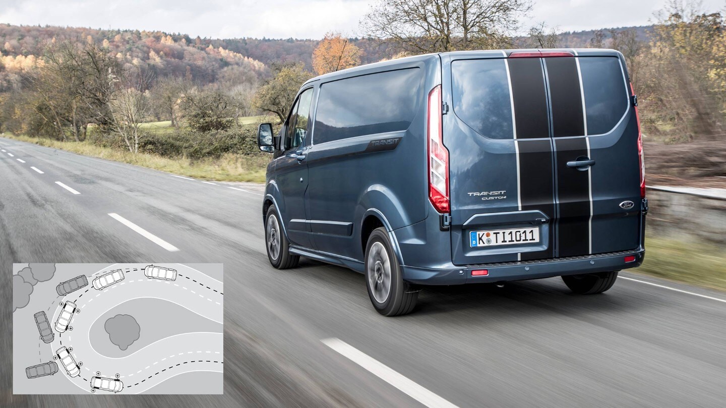 Ford Transit Custom Blau ¾-Heckansicht in Bewegung auf Landstrasse ESP Illustration