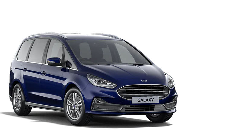 Ford Galaxy blau, Sicht von drei Vierteln vorne