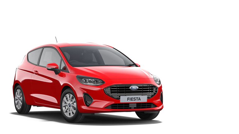 Ford Fiesta rot, Sicht von drei Vierteln vorne