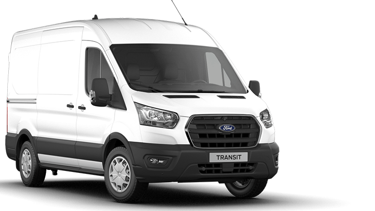 Ford Transit blanc, vue de trois quarts avant