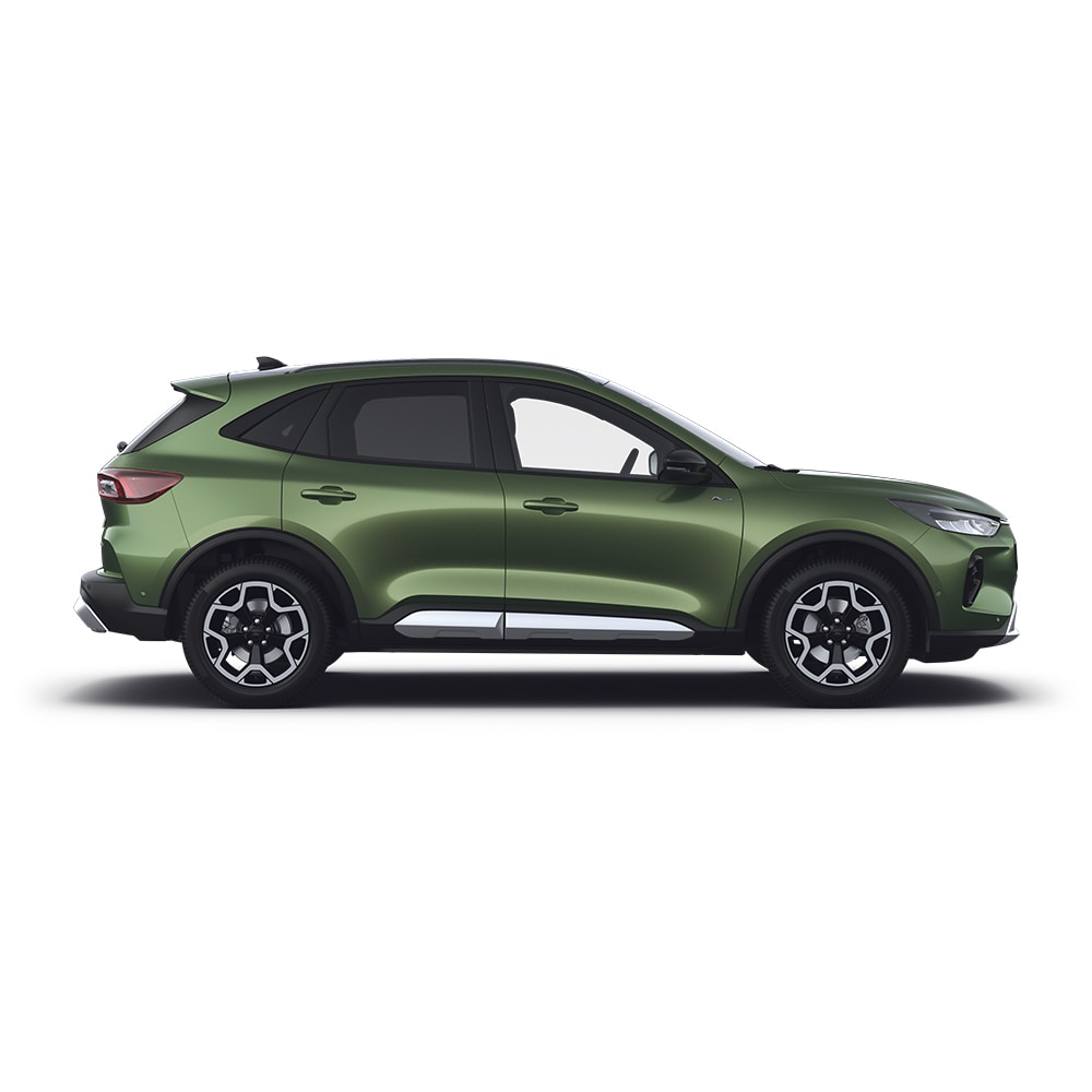 Ein grünes selbstaufladenden Ford Kuga Hybrid-Fahrzeug.