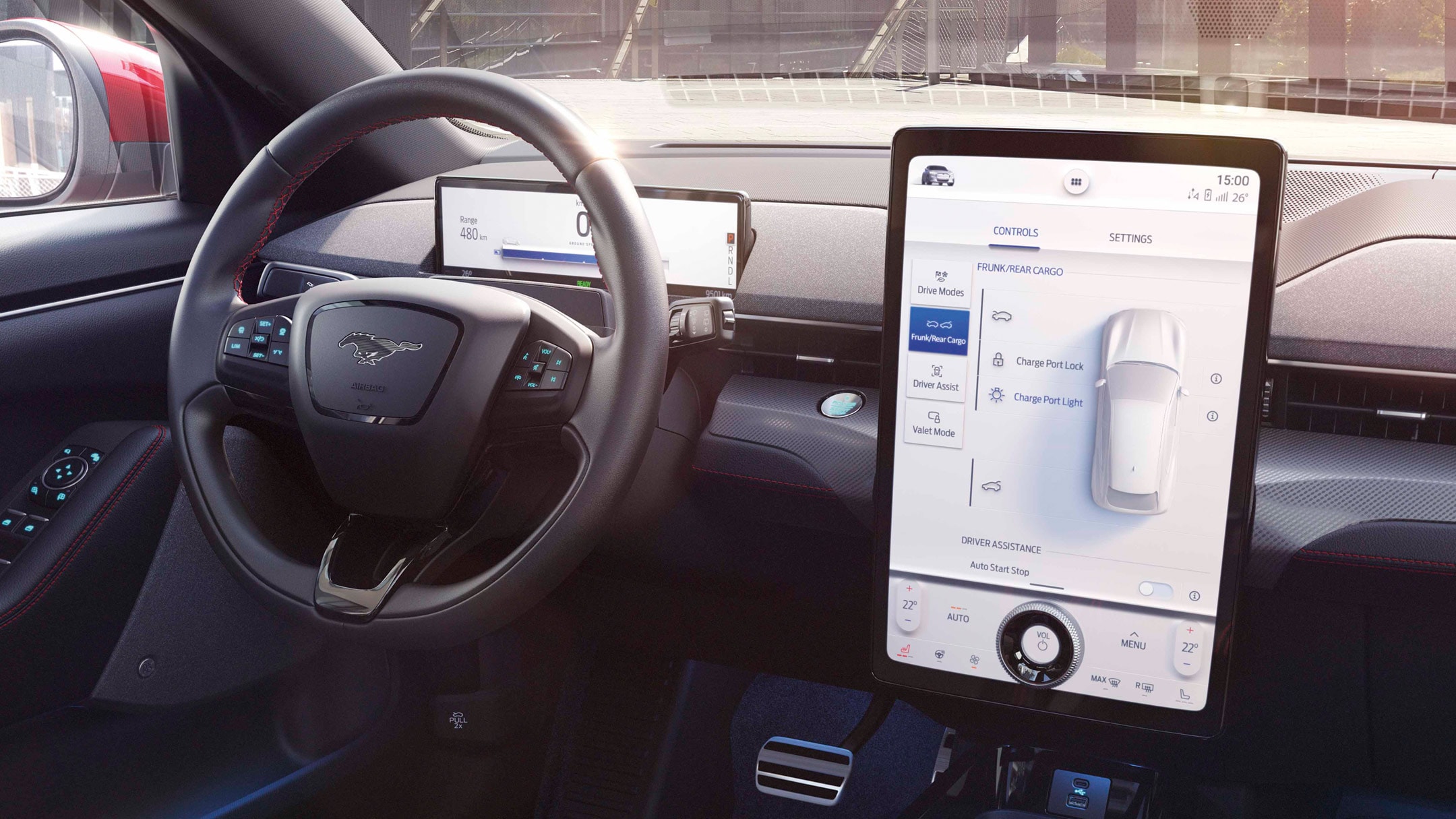 Ford Mustang Mach-E. Innenraum. Detailansicht Ford SYNC 4 Touchscreen
