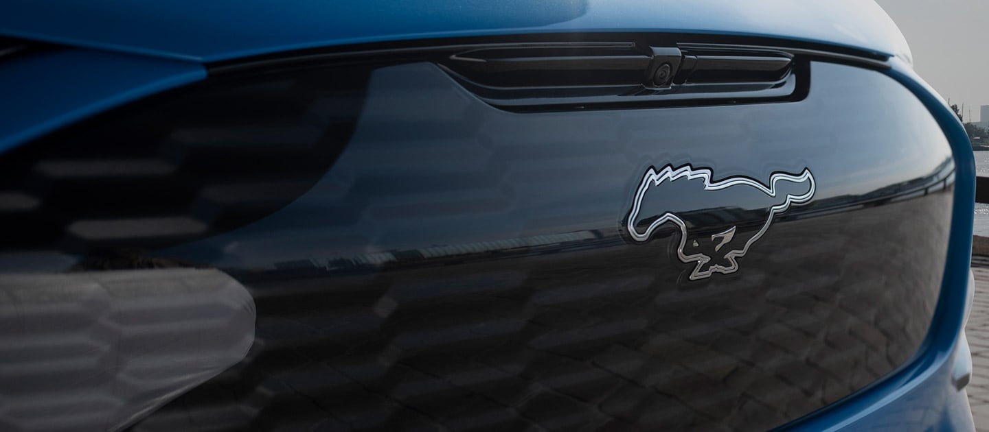 Nahaufnahme des Ford Mustang Mach-E Symbols.