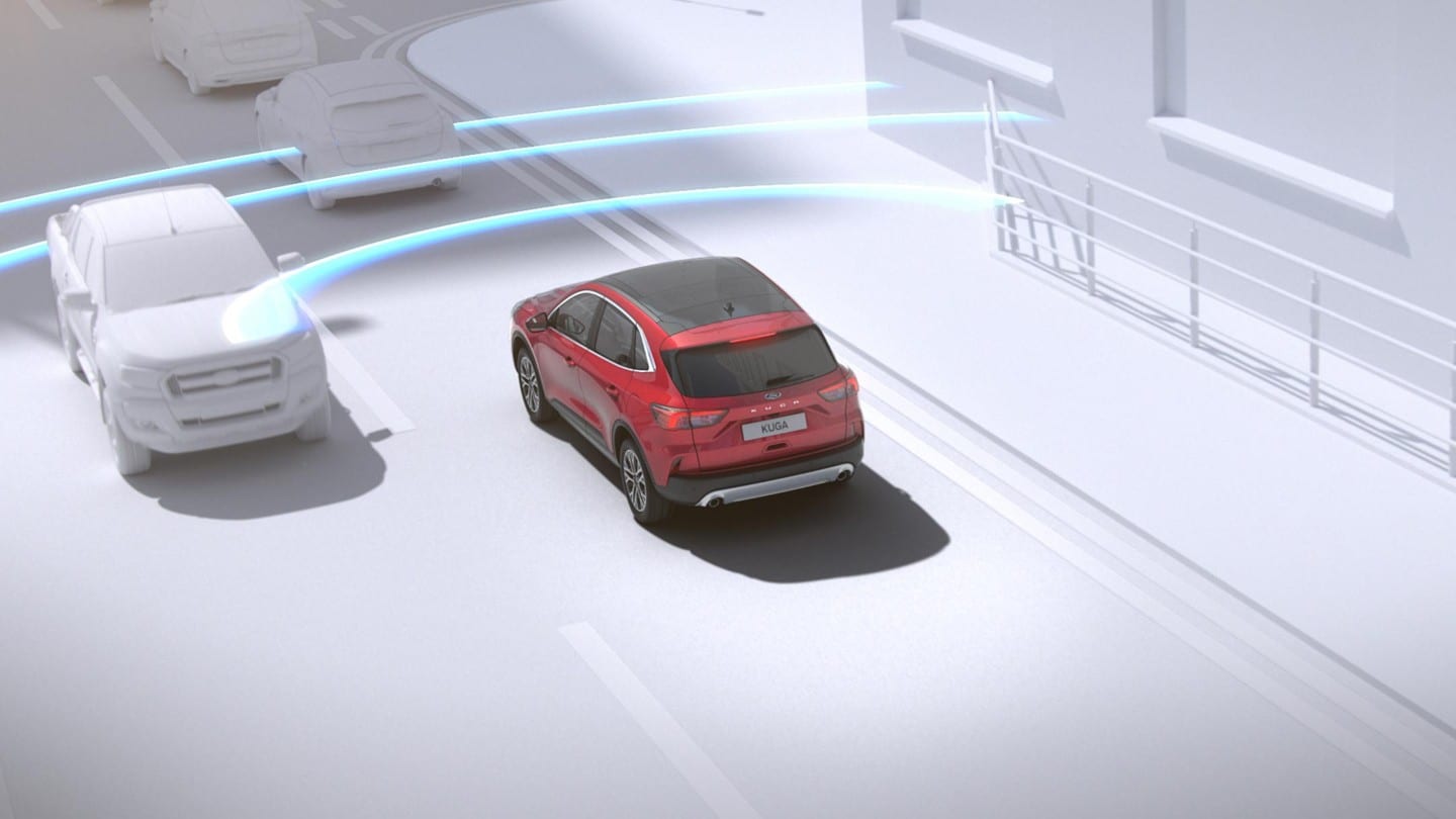 Ford Kuga in Rot. Animiertes Darstellungsvideo des Pre-Collision-Assist