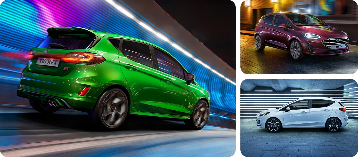 Fotoraster mit einem grünen Ford Fiesta ST-Line, einem silbernen Fiesta Active und einem roten Fiesta Titanium.