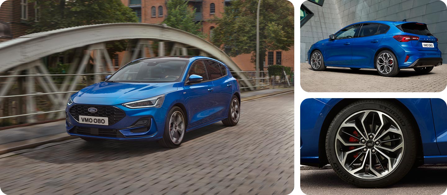 Fotogalerie mit einem blauen Ford Focus Schrägheck, der auf einer Strasse fährt, und einer Nahaufnahme der Alufelge.