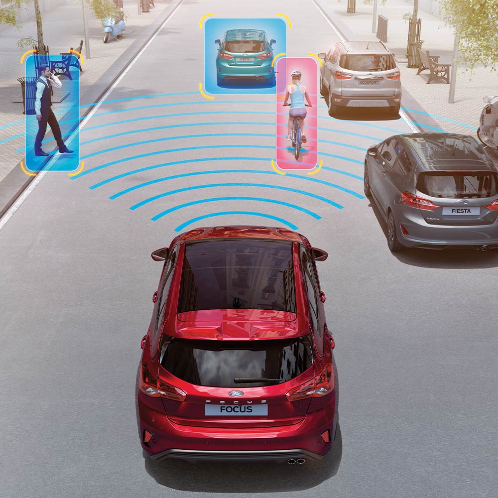 Grafische Darstellung eines roten Ford Focus mit seinen Sicherheits- und Fahrassistenzsystemen, inklusive Pre-Collision Assist.