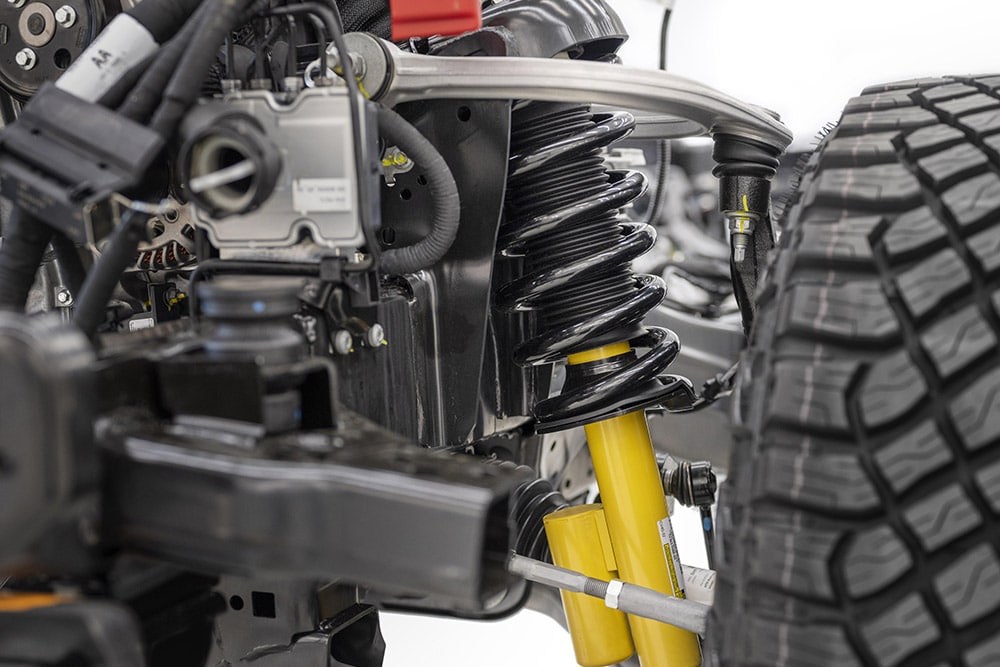 Nahaufnahme des positionssensitiven Dämpfungsmechanismus des neuen Ford Bronco.