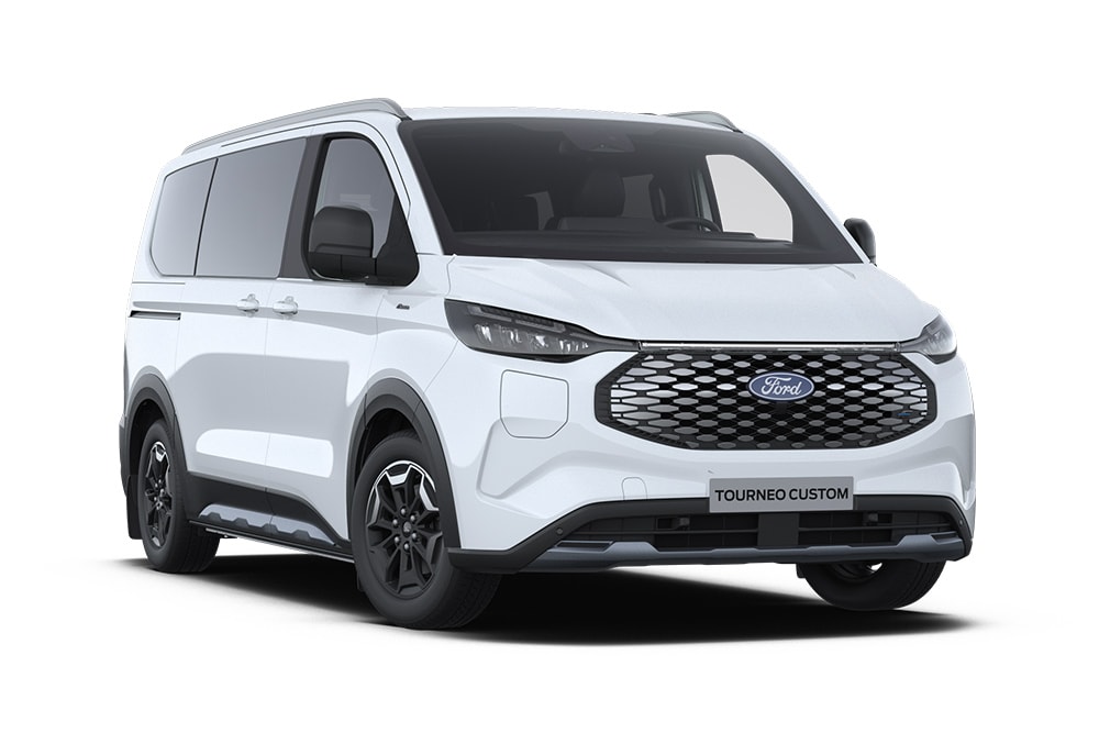 Vordere linke Ecke eines weissen Ford E-Tourneo Custom Active
