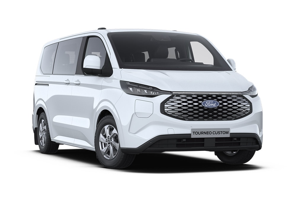 Vordere linke Ecke eines weissen Ford E-Tourneo Custom Trend