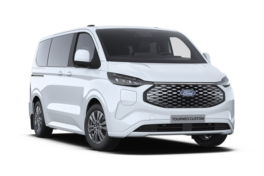 Vordere linke Ecke eines weissen Ford E-Tourneo Custom Titanium