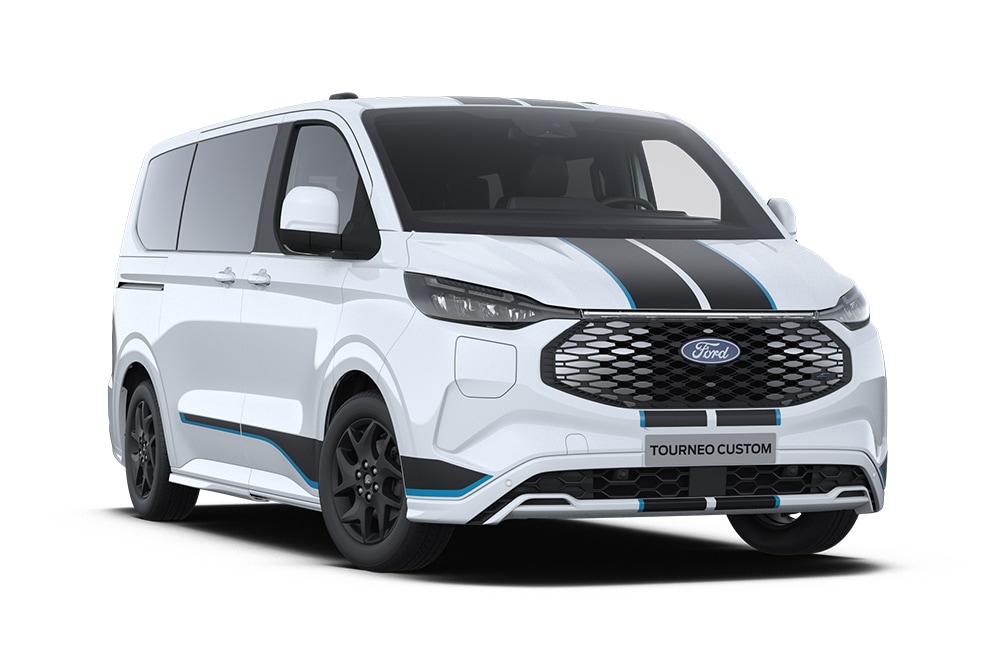 Vordere linke Ecke eines weissen Ford E-Tourneo Custom Sport