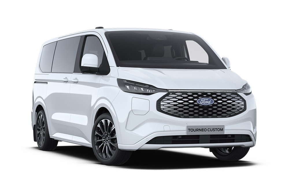 Vordere linke Ecke eines weissen Ford E-Tourneo Custom Titanium X