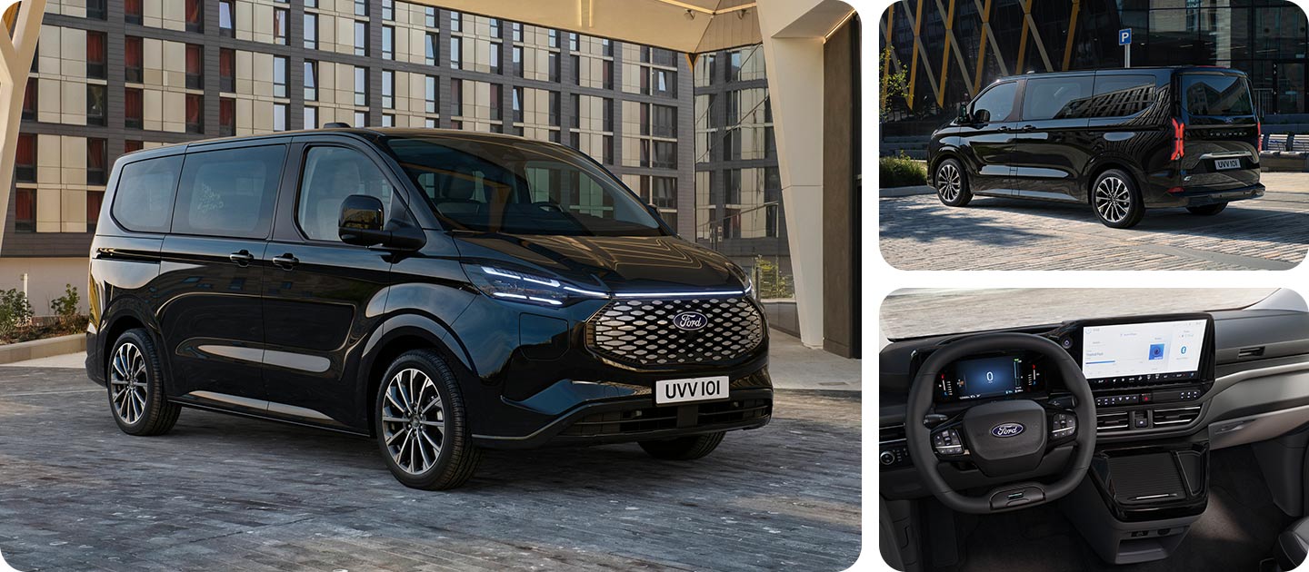 Schwarzer Ford E-Tourneo Custom vor modernem Gebäude geparkt