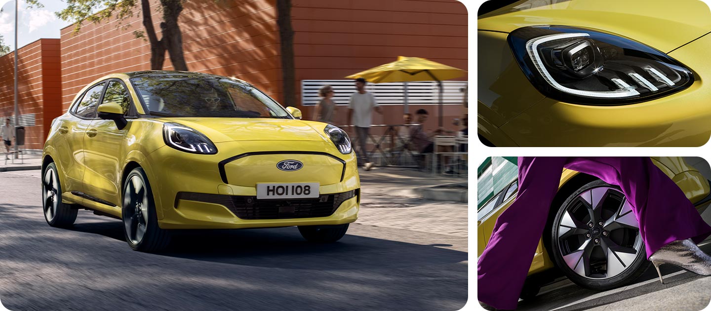 Die Bilder zeigen den vollelektrischen Ford Puma Gen-E® in Gelb mit Nahaufnahmen der Frontscheinwerfer und Leichtmetallräder.
