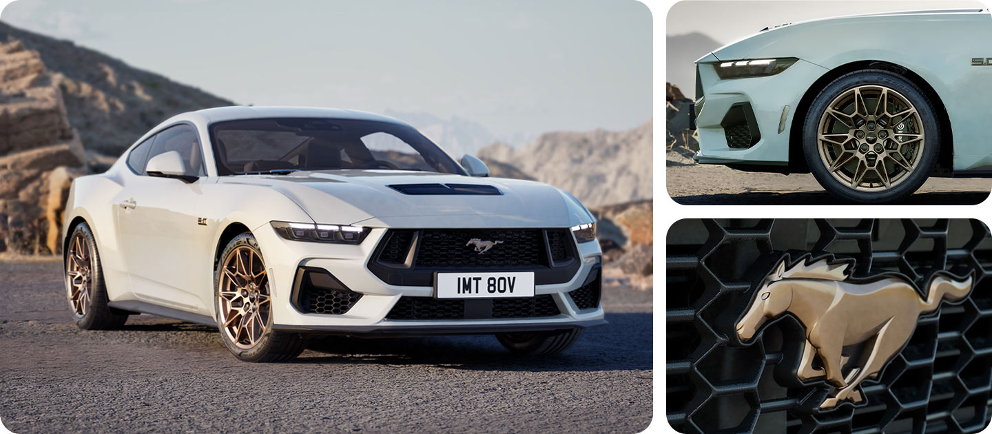 Drei Fotos in einem Raster, die einen weißen Ford Mustang GT Coupé mit Bronze Pack auf einer Bergstraße zeigen