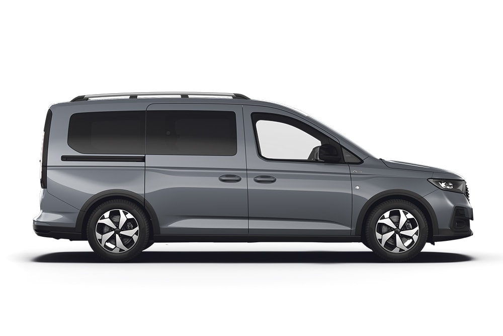 Grauer Ford Tourneo Connect, ein Modell der Ford-Reihe für Grossraumlimousinen und Kleinbusse.