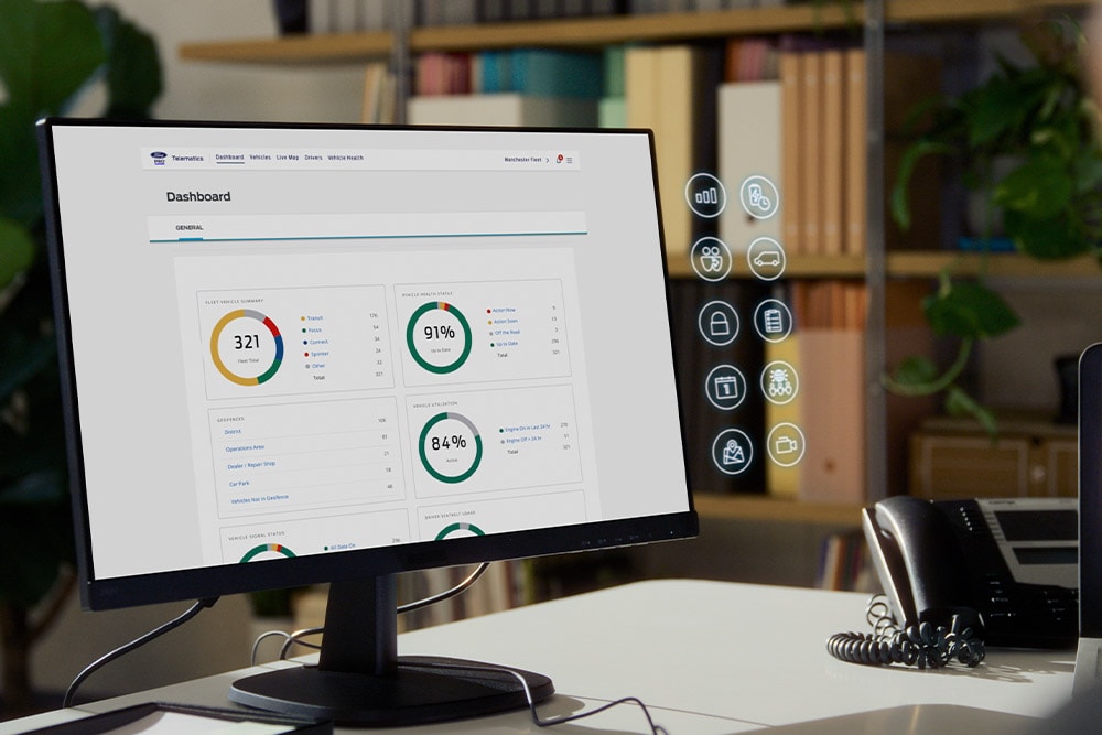 Computerbildschirm mit Ford Pro Telematics Anzeige