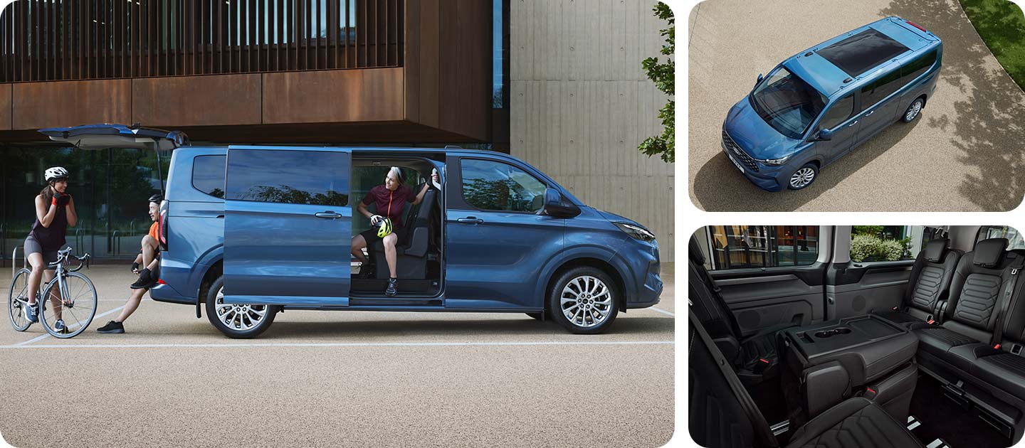 Eine Collage des brandneuen Tourneo Custom aus verschiedenen Blickwinkeln