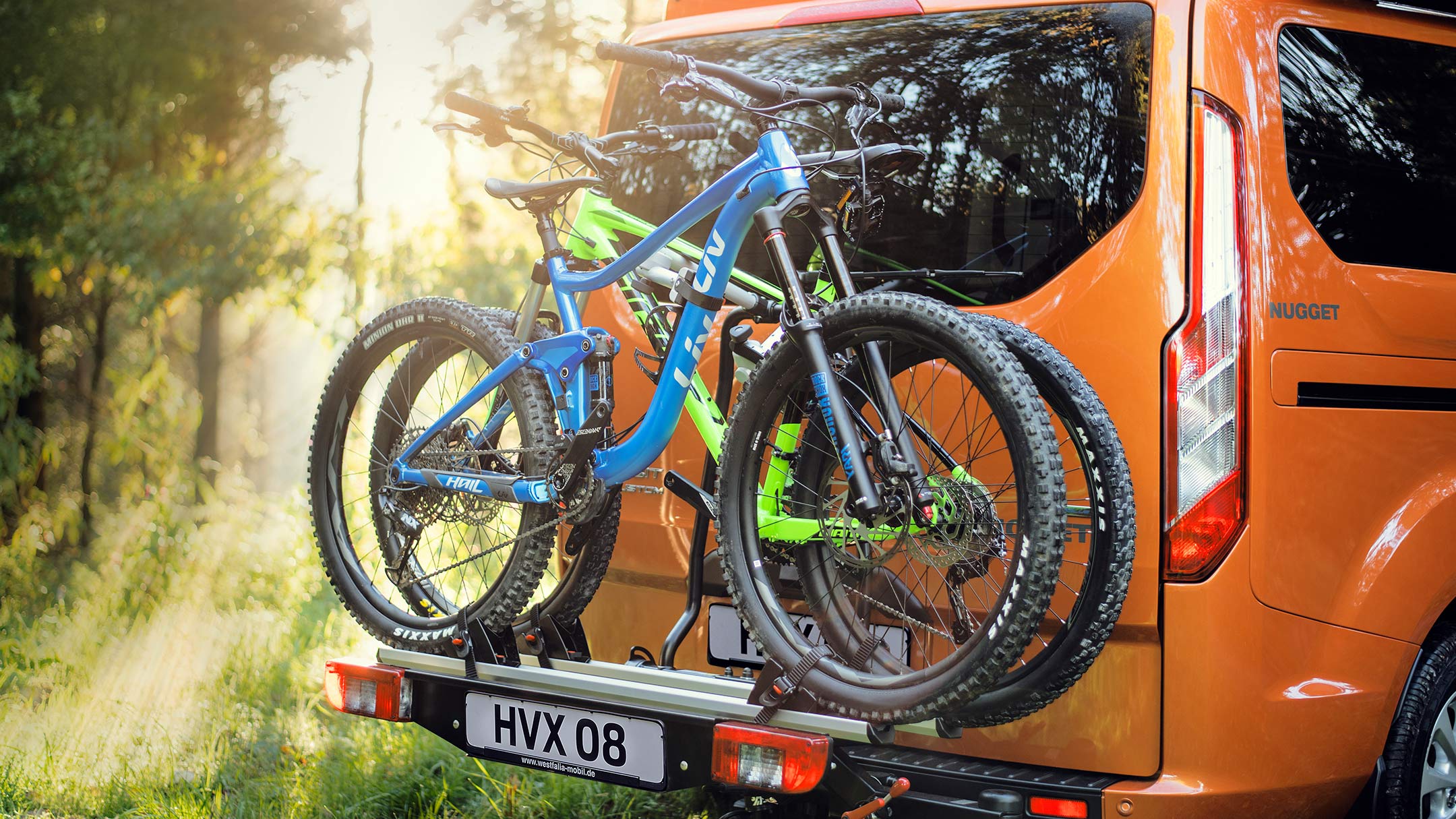 New Orange Ford Transit Custom Nugget rear view of bike rack