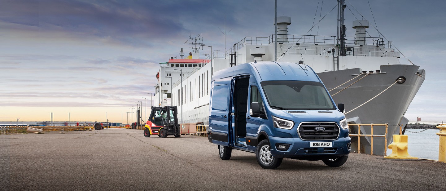 New Blue Ford Transit Van parked outside ship