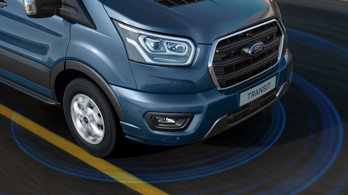 Ford Transit in Blau ¾-Frontansicht Ausschnitt Illustration Fahrspur-Assistent