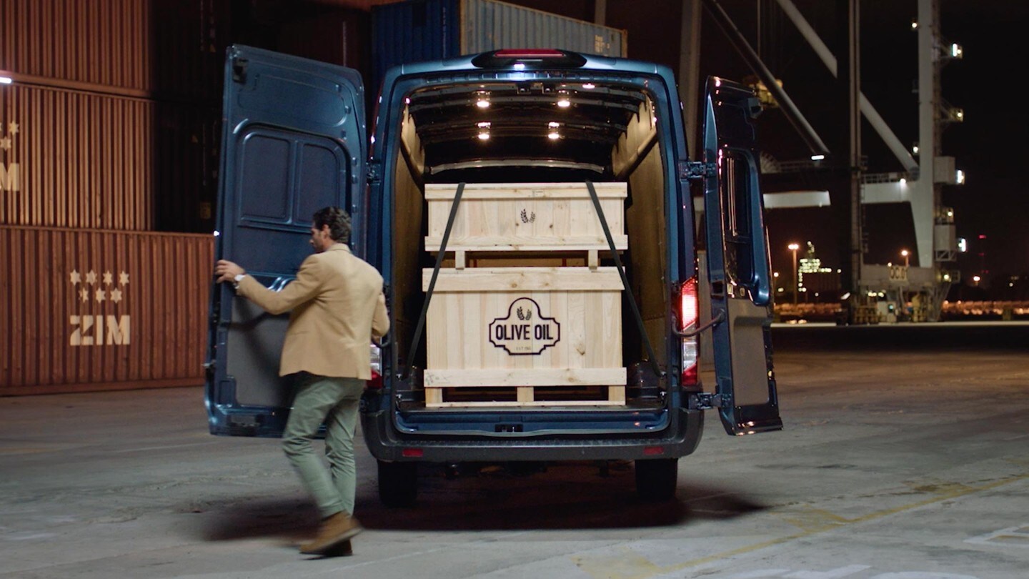 Ford Transit Kastenwagen in Blau Heckansicht mit geöffneten Hecktüren beladen parkt vor Frachtcontainern