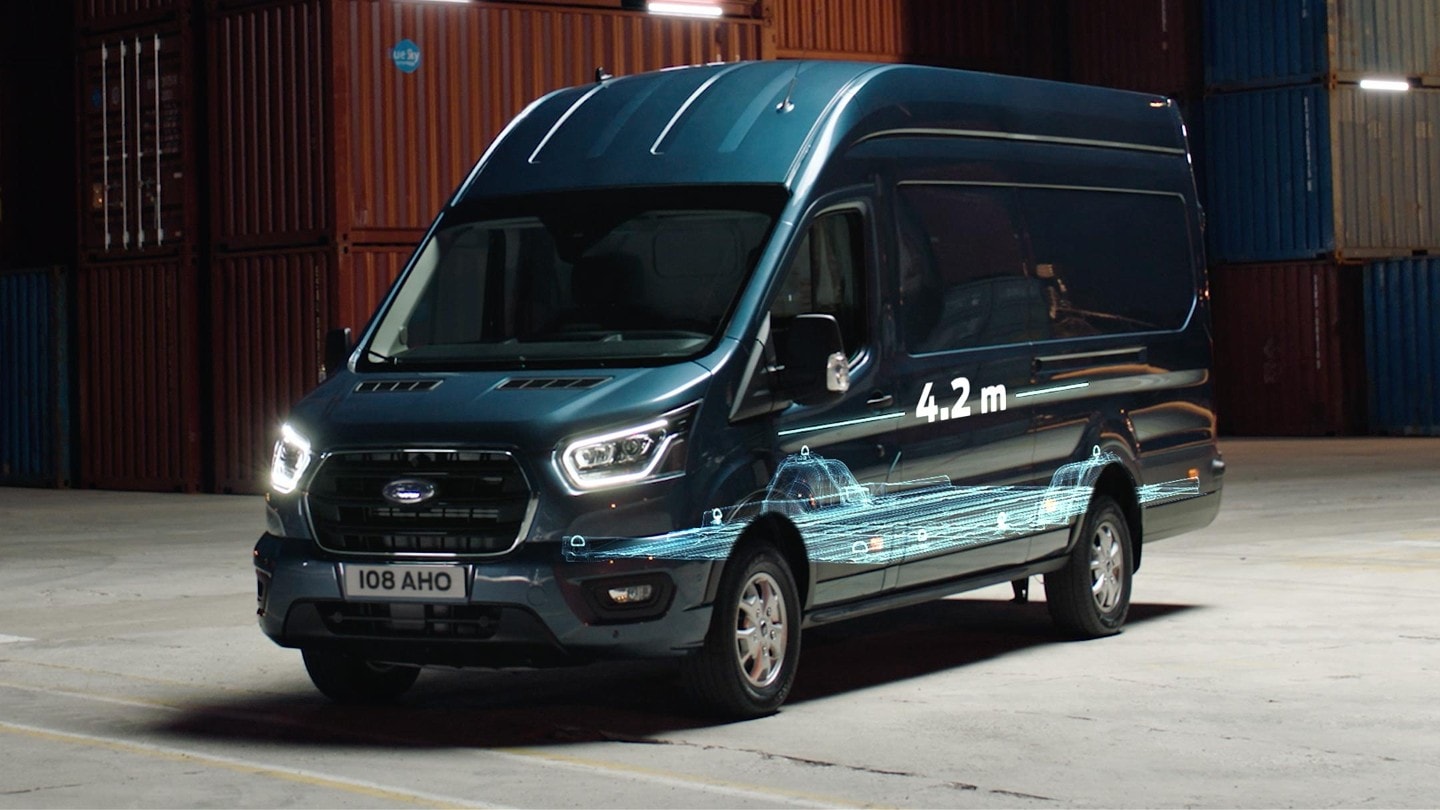 Ford Transit Kastenwagen in Blau ¾-Seitenansicht Illustration Laderaumlänge