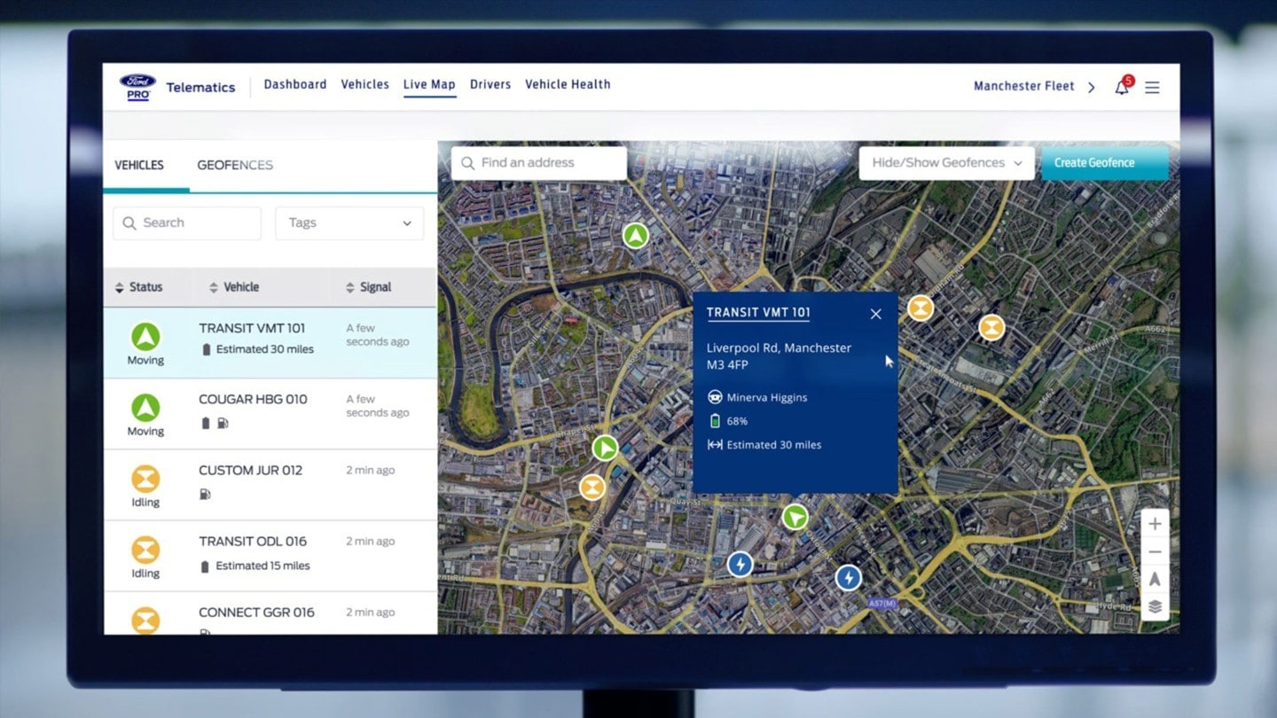 Bildschirm mit Ford Pro™ Telematics-Anzeige 