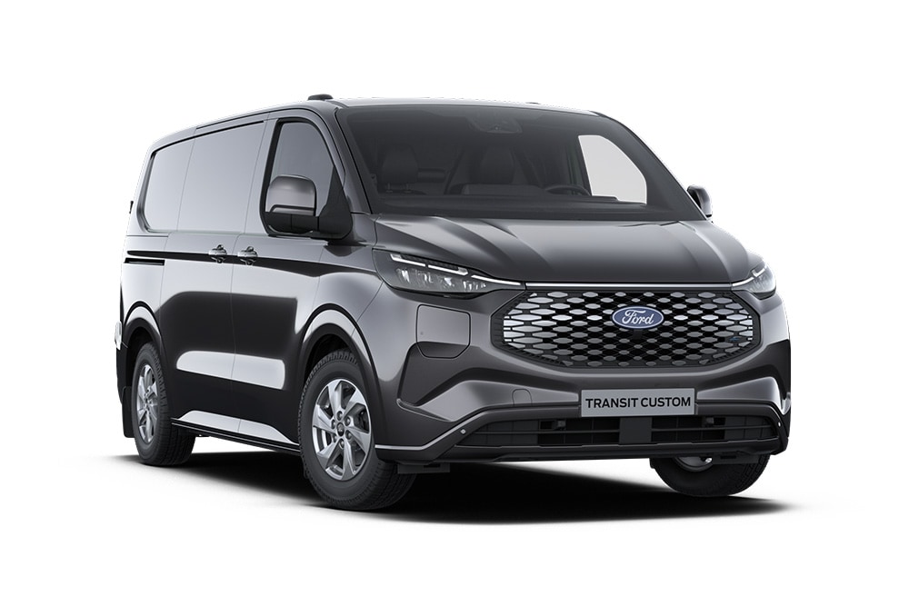 Dunkelgrauer Ford E-Transit Custom Limited Transporter, Frontansicht.