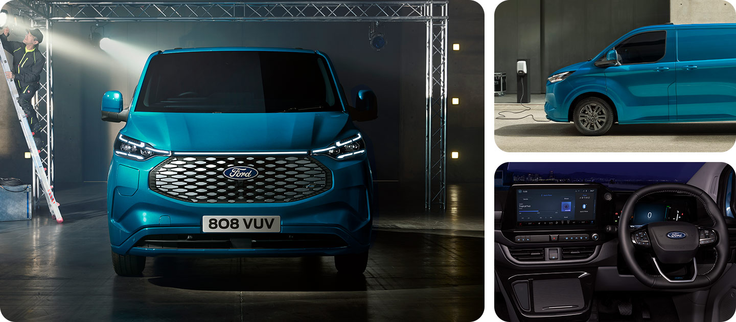 Blauer Ford E-Transit Custom Transporter, Frontansicht.