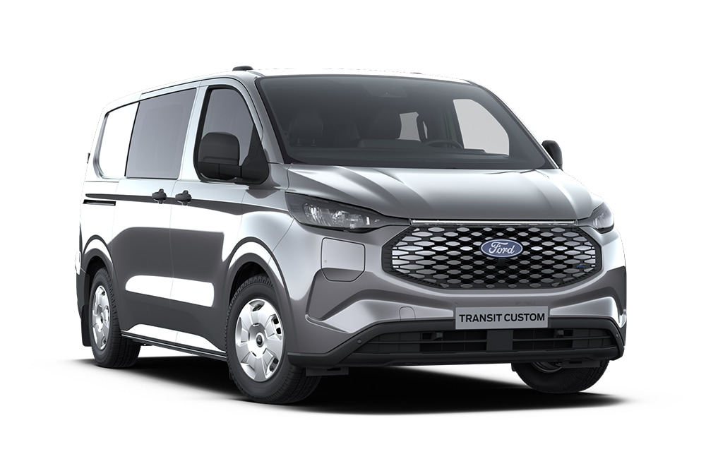 Dunkelgrauer Ford E-Transit Custom Trend Doppelkabine, Frontansicht.