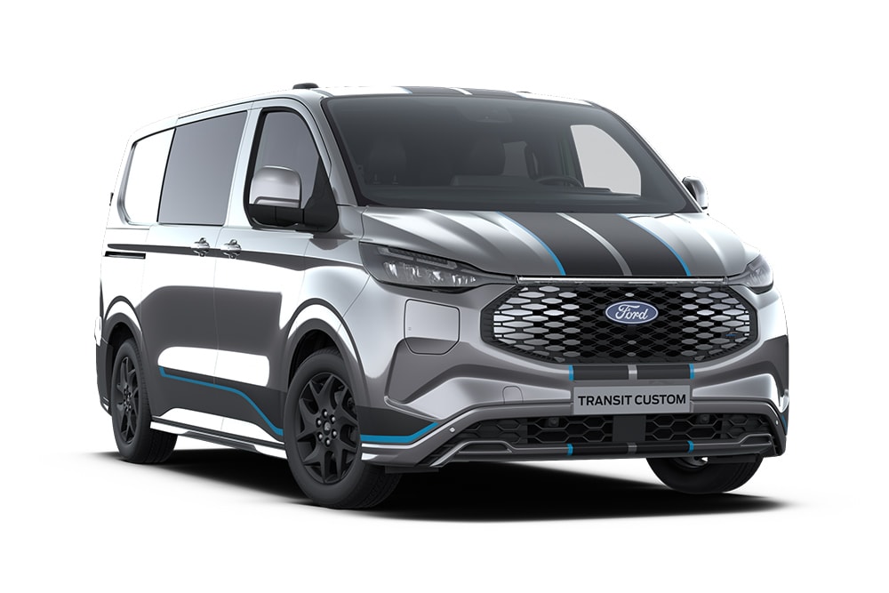 Dunkelgrauer Ford E-Transit Custom Sport Doppelkabine, Frontansicht.