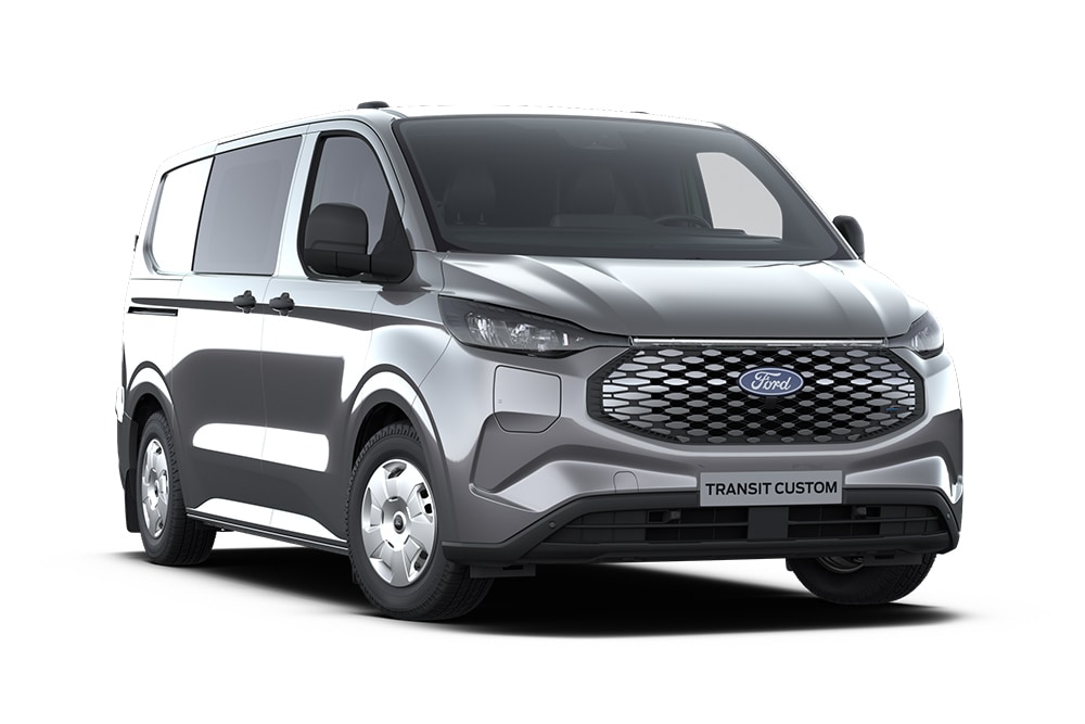 Dunkelgrauer Ford Transit Custom Trend MultiCab, Frontansicht.