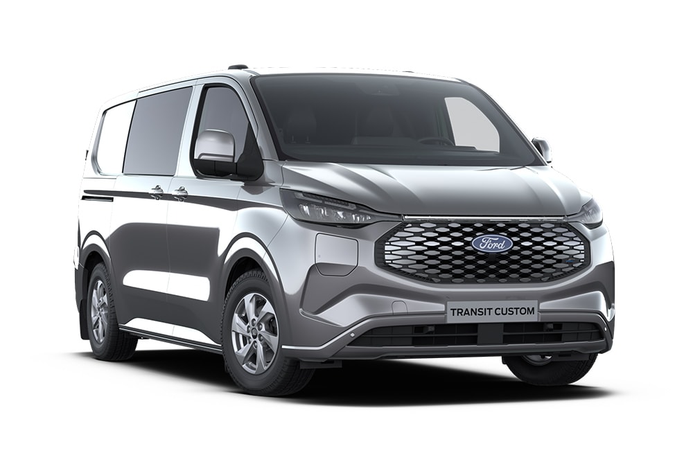 Dunkelgrauer Ford Transit Custom Limited MultiCab, Frontansicht.
