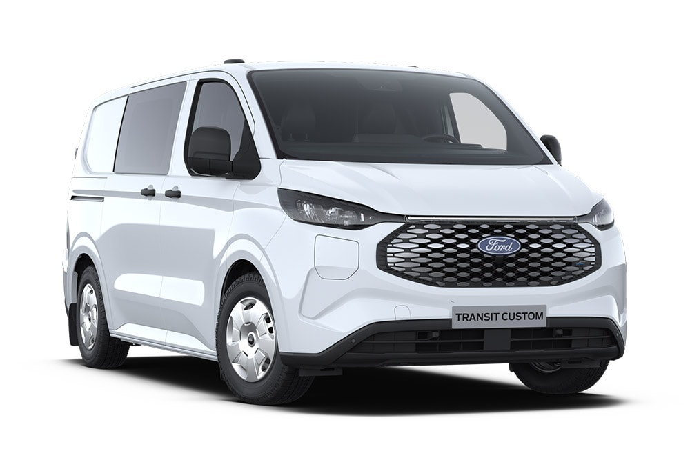 Weisser Ford E-Transit Custom Elektro-MultiCab, schräge Frontansicht.