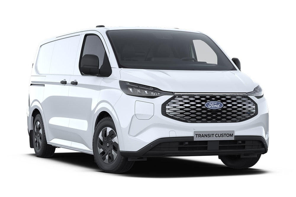 Weisser Ford E-Transit Custom Elektro-Transporter, Frontansicht.