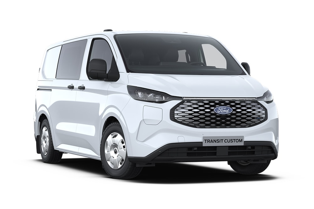 Weisser Ford E-Transit Custom Elektro-Doppelkabine, schräge Frontansicht.
