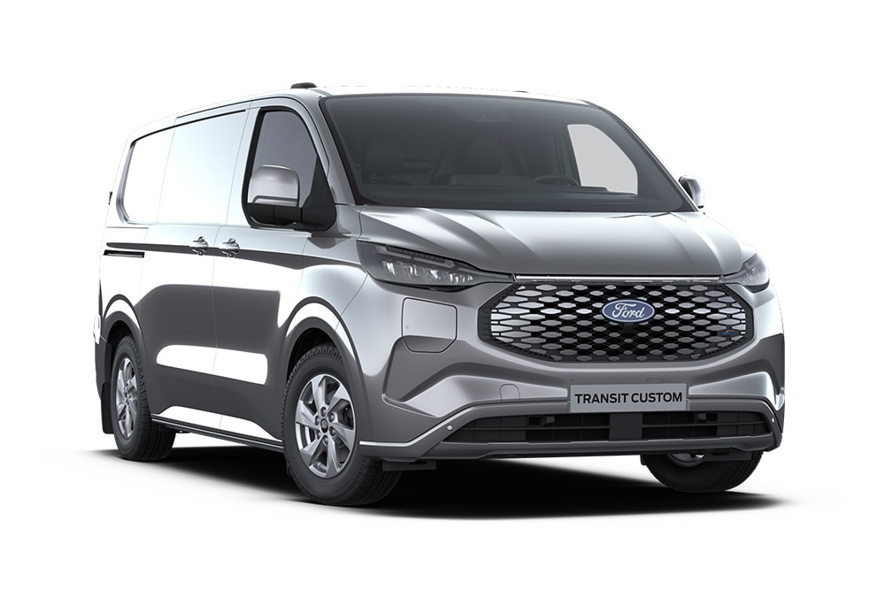 Dunkelgrauer Ford E-Transit Custom Limited Transporter, Frontansicht.