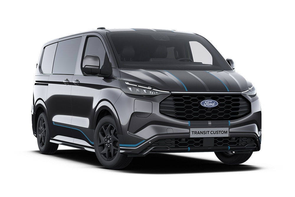 Dunkelgrauer Sport Ford Transit Custom Doppelkabine-in-Van mit blauen Akzenten.