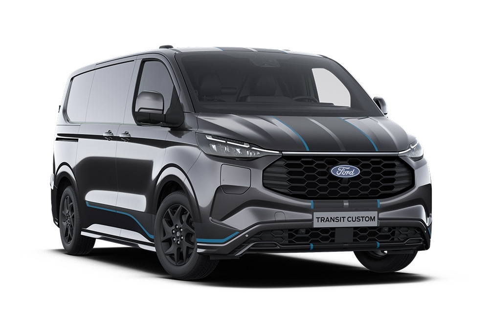 Dunkelgrauer Ford Transit Custom PHEV Sport.