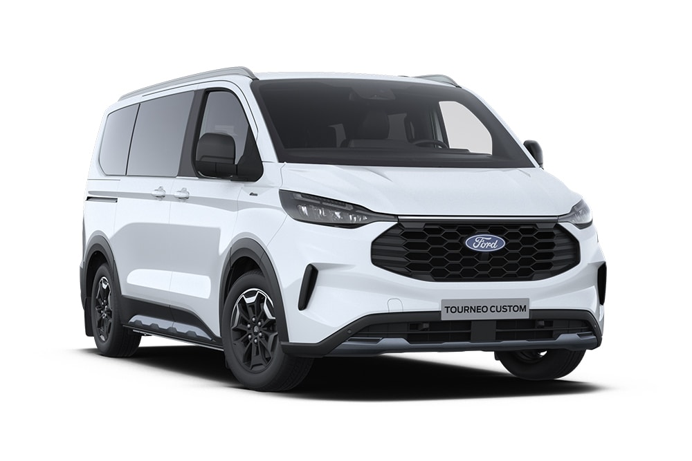 Vordere linke Ecke eines weissen Ford Tourneo Custom Active.  