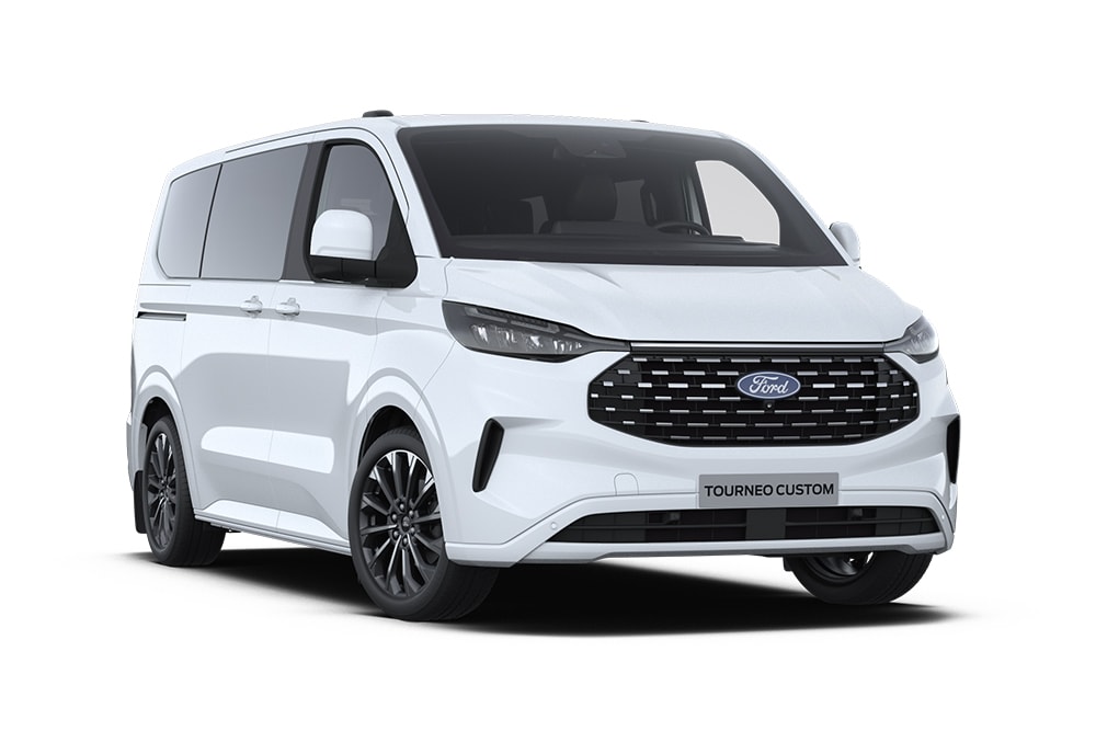 Vordere linke Ecke eines weissen Ford Tourneo Custom Titanium X.  