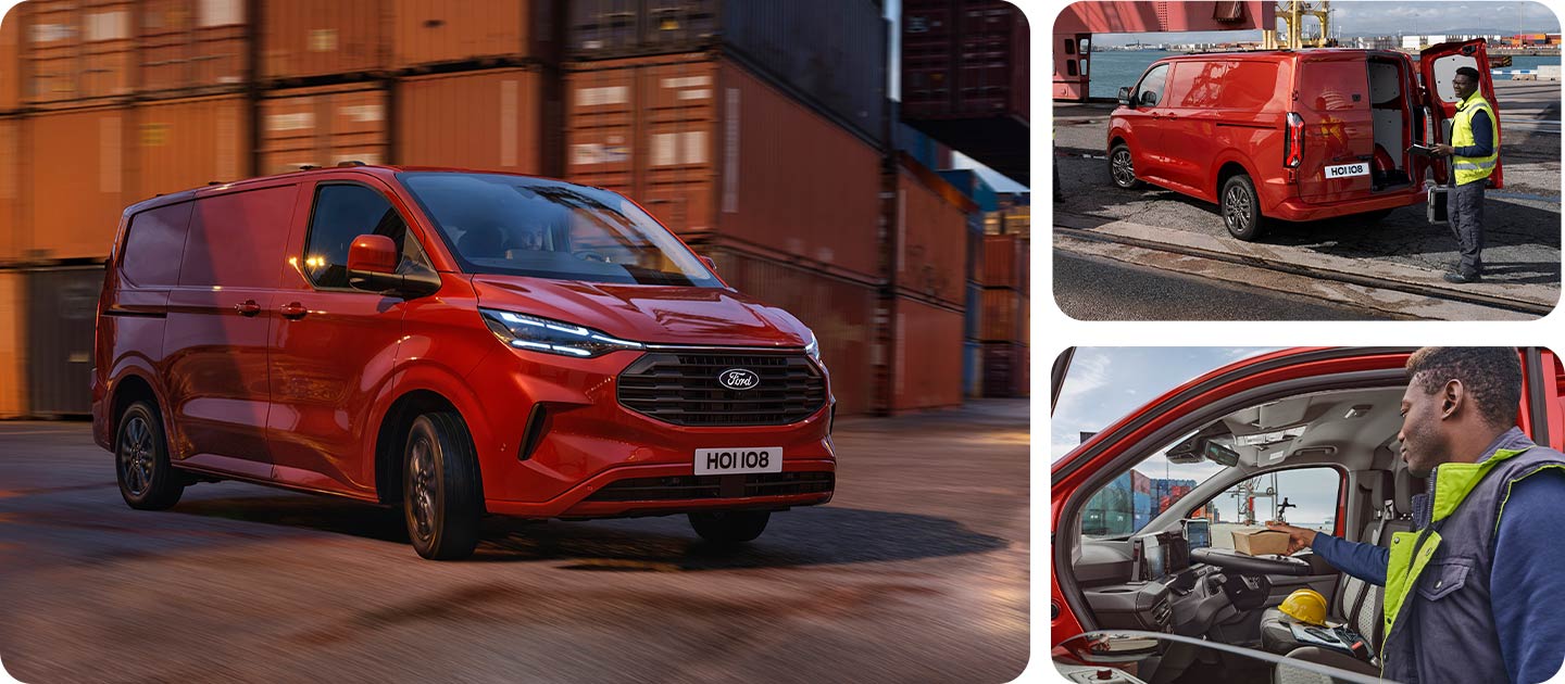 Roter Ford Transit Custom Kleintransporter fährt durch einen Hafenbereich