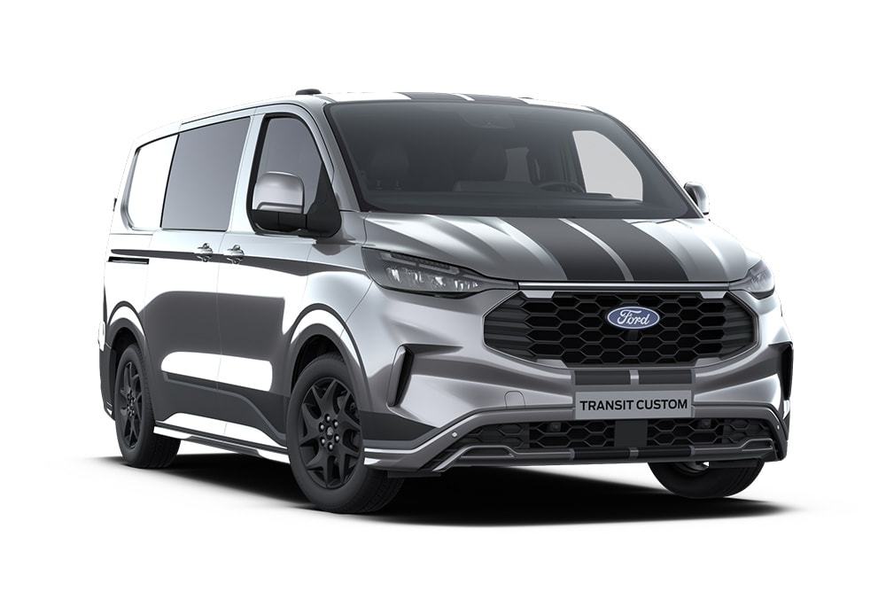 Dunkelgrauer Sport Ford Transit Custom Doppelkabine-in-Van mit blauen Akzenten.