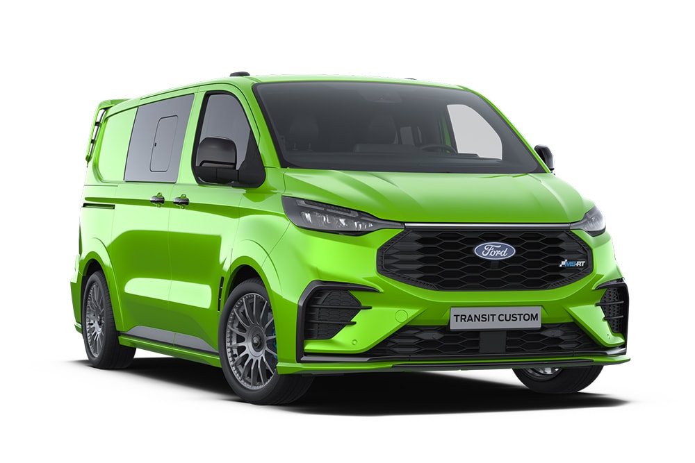 Grüner MS-RT Ford Transit Custom Doppelkabine-in-Van.