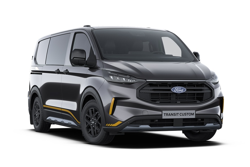 Dunkelgrauer Trail Ford Transit Custom Doppelkabine-in-Van mit goldfarbenen Akzenten.