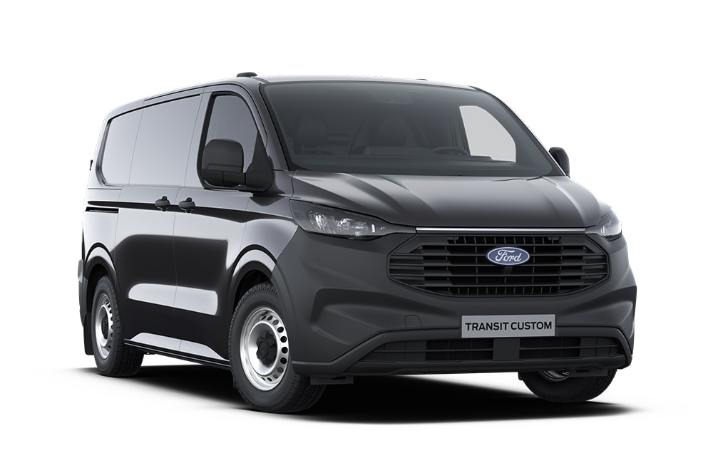 Dunkelgrauer Basis Ford Transit Custom Kleintransporter, Frontansicht. 