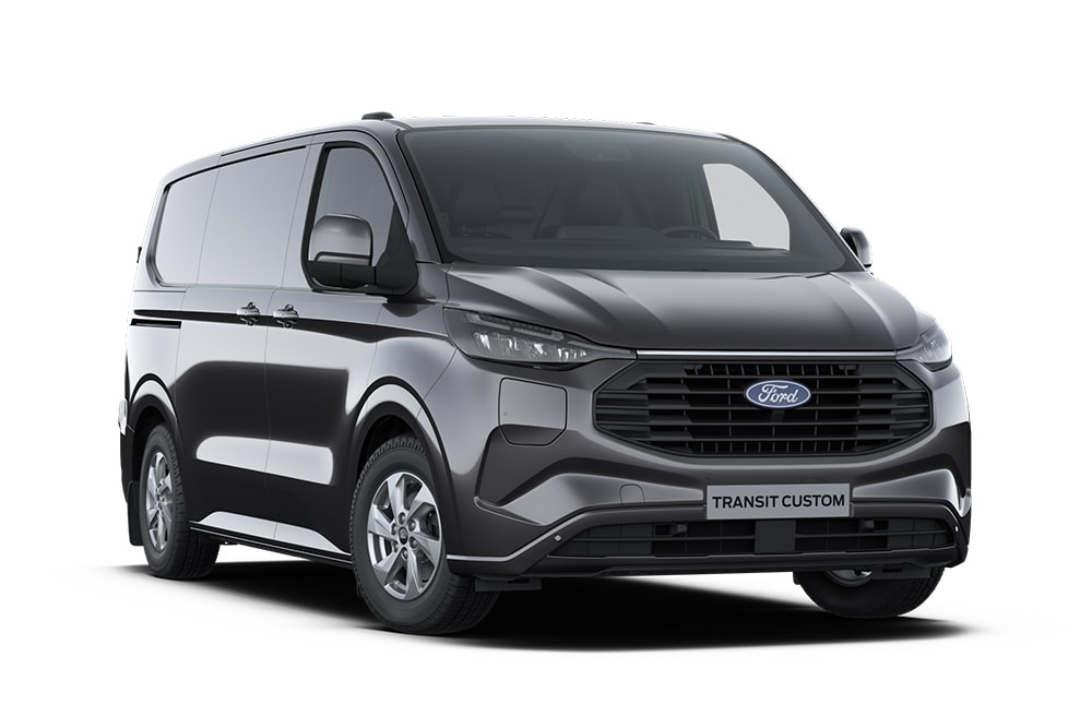 Dunkelgrauer Limited Ford Transit Custom Kleintransporter, Frontansicht.